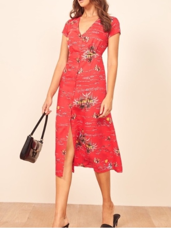 Reformation Dresses & Skirts - Reformation Denise Midi Dress Fuji Short Sleeve Red Tropical Hawaiian Retro M